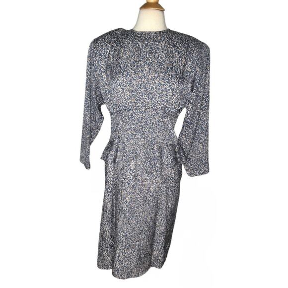 Vintage 100% Silk Blue Pink Modest Fitted Career MIDI Length Office Dress ZZ6 - Picture 1 of 8